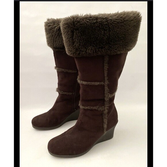 Decree Womens Boots 8.5M Knee High Brown Zip Up Round Toe Wedge 3" Heel - Picture 2 of 10